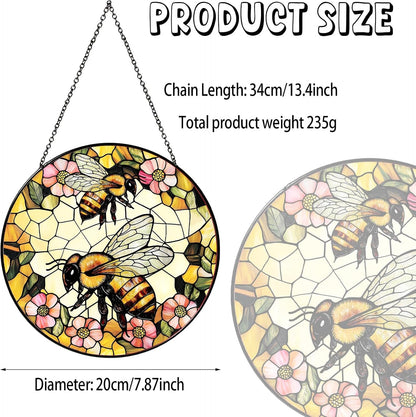 Bee Wildflower Stained Glass Window Hanging Bee Sun Catcher Honeybee Gifts for Women Christmas Suncatchers for Garden Home Windows Hanging Decoration, 7.87inch