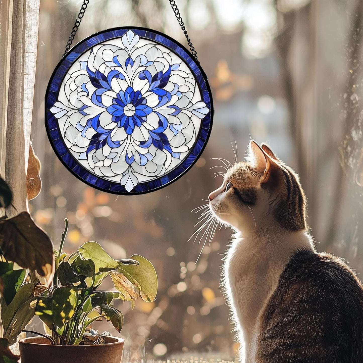 Stained Glass Window Hanging - Blue White Boho Flower Suncatcher for Door Garden Yard Sun Catchers Decor Christmas Mother's Day Birthday Gifts for Women Mom Nana Friend Teacher 6.3 in