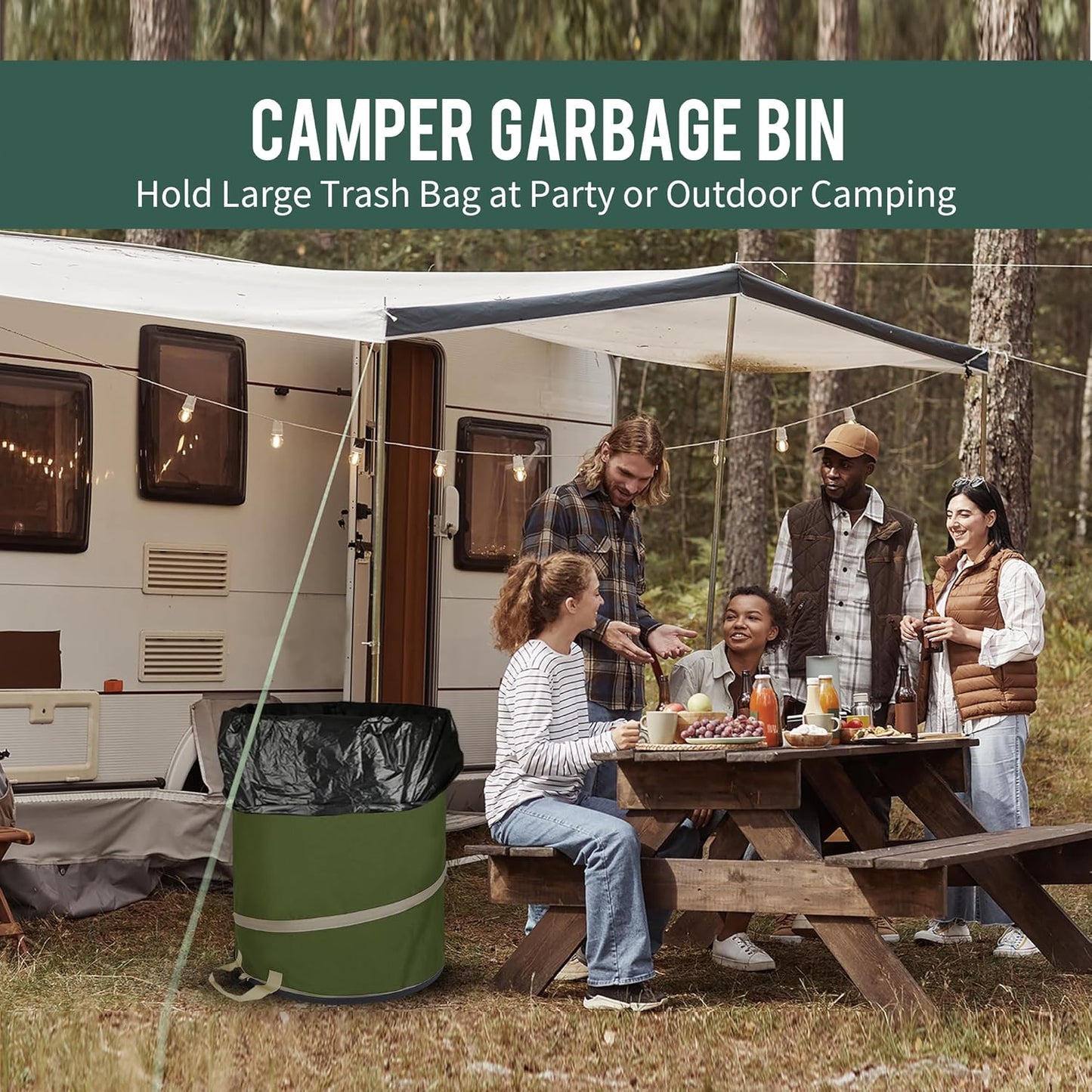 Rachmi 47 Gallon Collapsible Trash Can 2-Pack with Hard Bottom | Extra Large Reusable Yard Leaf Waste Bag Outdoor Pop Up Recycle Bin for Camping, Green