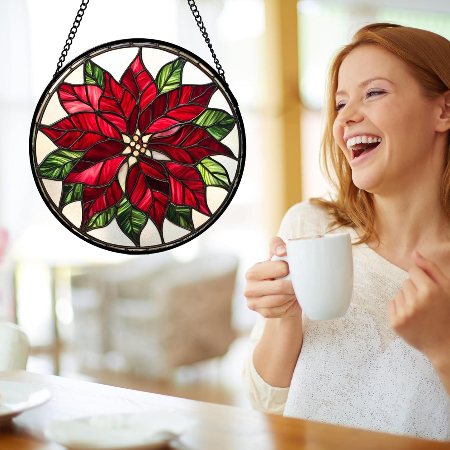 Stained Glass Window Hanging - Red Poinsettia Birth Flower Suncatcher for Door Garden Yard Sun Catchers Decor Christmas Mother's Day Birthday Gifts for Women Mom Nana Friend Men 15 in