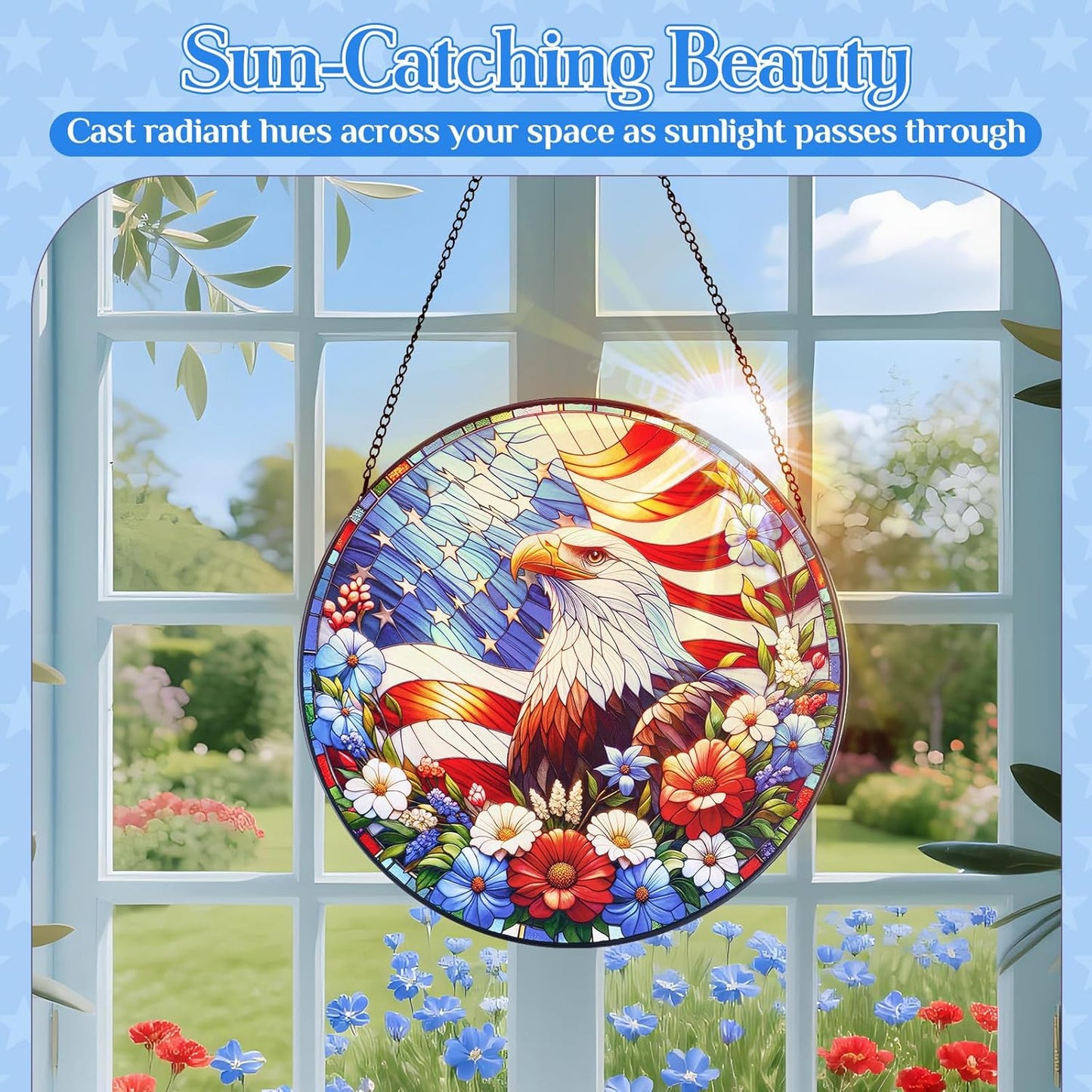 Stained Glass Hanging Bald Eagle Suncatcher, Renyalora 10 Inch Round Real Glass Patriotic Window Panel with American Flag and Wildflowers Sun Catcher for Indoor Windows, Garden, Outdoor Wall Decor