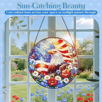 Stained Glass Hanging Bald Eagle Suncatcher, Renyalora 10 Inch Round Real Glass Patriotic Window Panel with American Flag and Wildflowers Sun Catcher for Indoor Windows, Garden, Outdoor Wall Decor