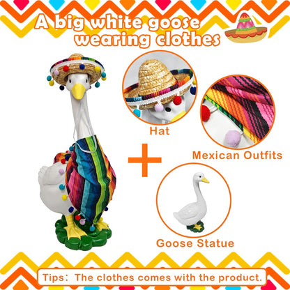 Porch Goose Statues + Porch Goose Outfits, 20" Large Durable Resin Goose Statue Decor with Fun Porch Goose Clothes, Mexican Sombrero Scarf Decorations DIY Indoor Outdoor Garden Patio Yard Lawn Gifts
