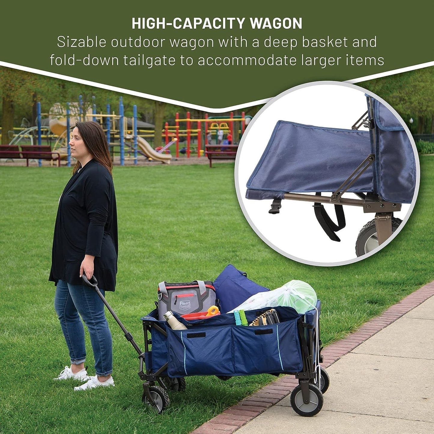 TIMBER RIDGE Tailgate Collapsible Folding Wagon Cart, Heavy Duty Utility Push Pull Beach Wagon Foldable, Outdoor Grocery Cart with Side Pockets for Camping, Garden, Shopping, Holds 225 lbs, Blue
