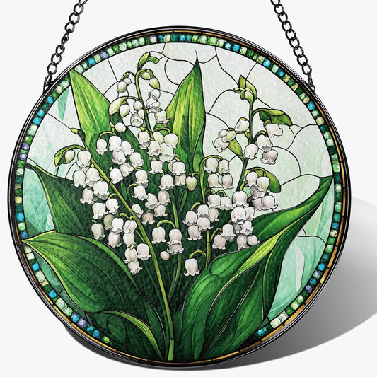 8-Inch Stained Glass Ornament, Stained Glass Window Hanging, Lily of Valley Flower Ornament, Window