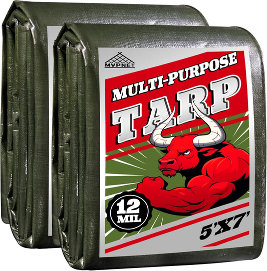 Green/Silver Heavy Duty Waterproof Tarp 5x7FT(2pack), 12mil Thick，Multifunctional tarp Whit