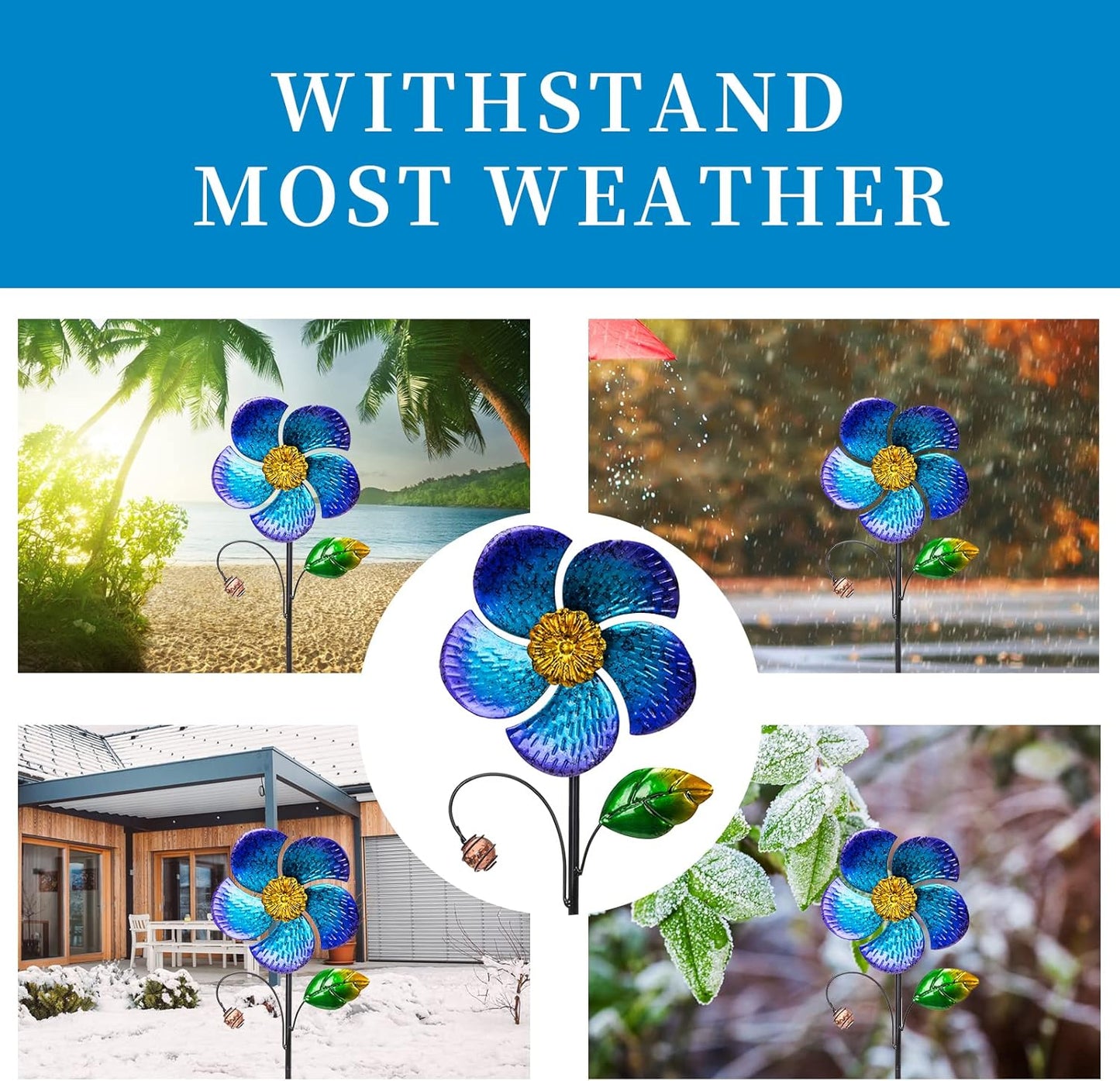 Viveta 2 Pack Wind Spinners with Metal Stake, 28.7 inches Outdoor Garden Pinwheels Spinners Blue Flower Shape Design for Yard Lawn Patio Decor