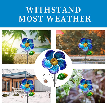 Viveta 2 Pack Wind Spinners with Metal Stake, 28.7 inches Outdoor Garden Pinwheels Spinners Blue Flower Shape Design for Yard Lawn Patio Decor