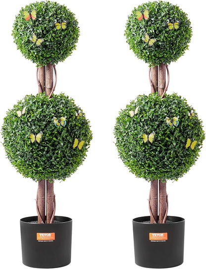 VEVOR Artificial Boxwood Topiary Tree, 36 inch Tall (2 Pieces), Double Ball Faux Topiary Trees, Faux Plant w/Extra Leaves & Pot & Small Decoration, UV Rated Set for Home Decor Indoor/Outdoor