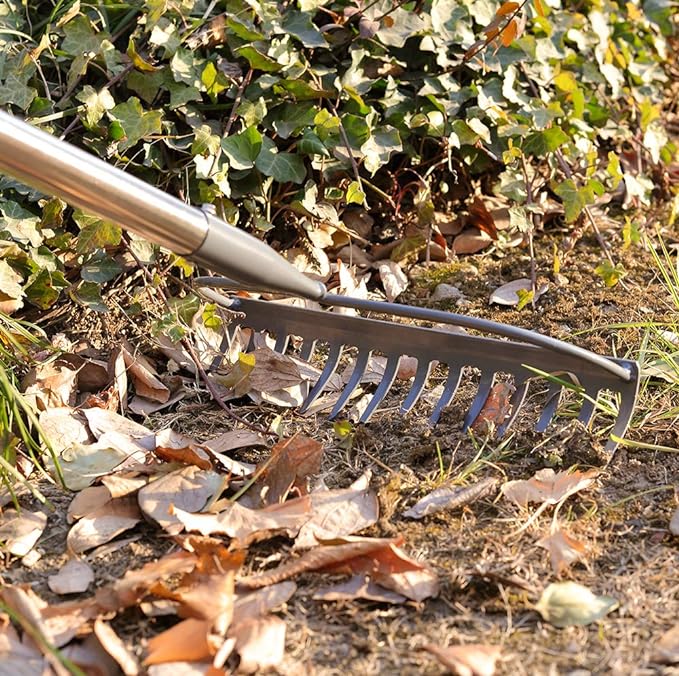Garden Rake, 5 FT Metal Rake for Lawns Level Head Rakes with Stainless Steel Handle for Loosening Soil
