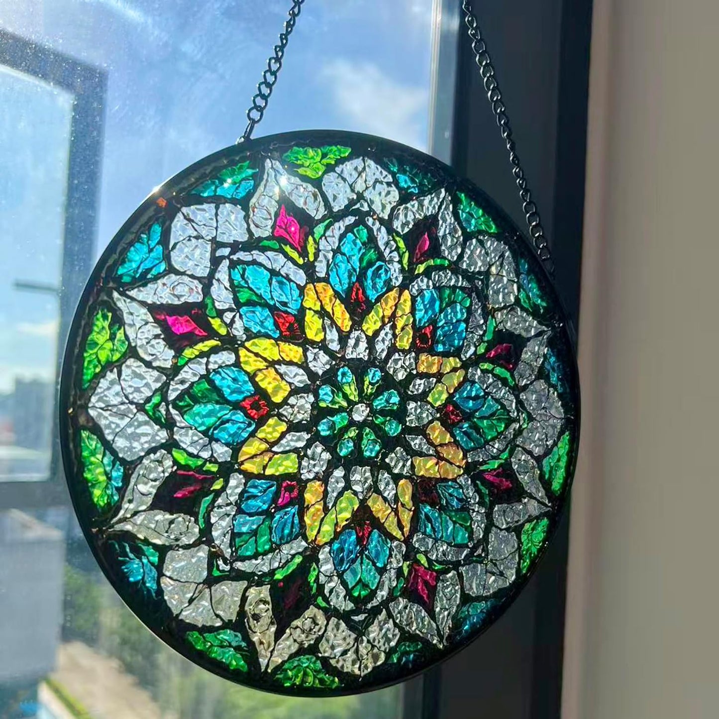 Bohemian Mandala Stained Glass Window Hanging Sun Catcher Indoor Outdoor Home Garden Panel Hangings Gift for Kits Adults (Green)