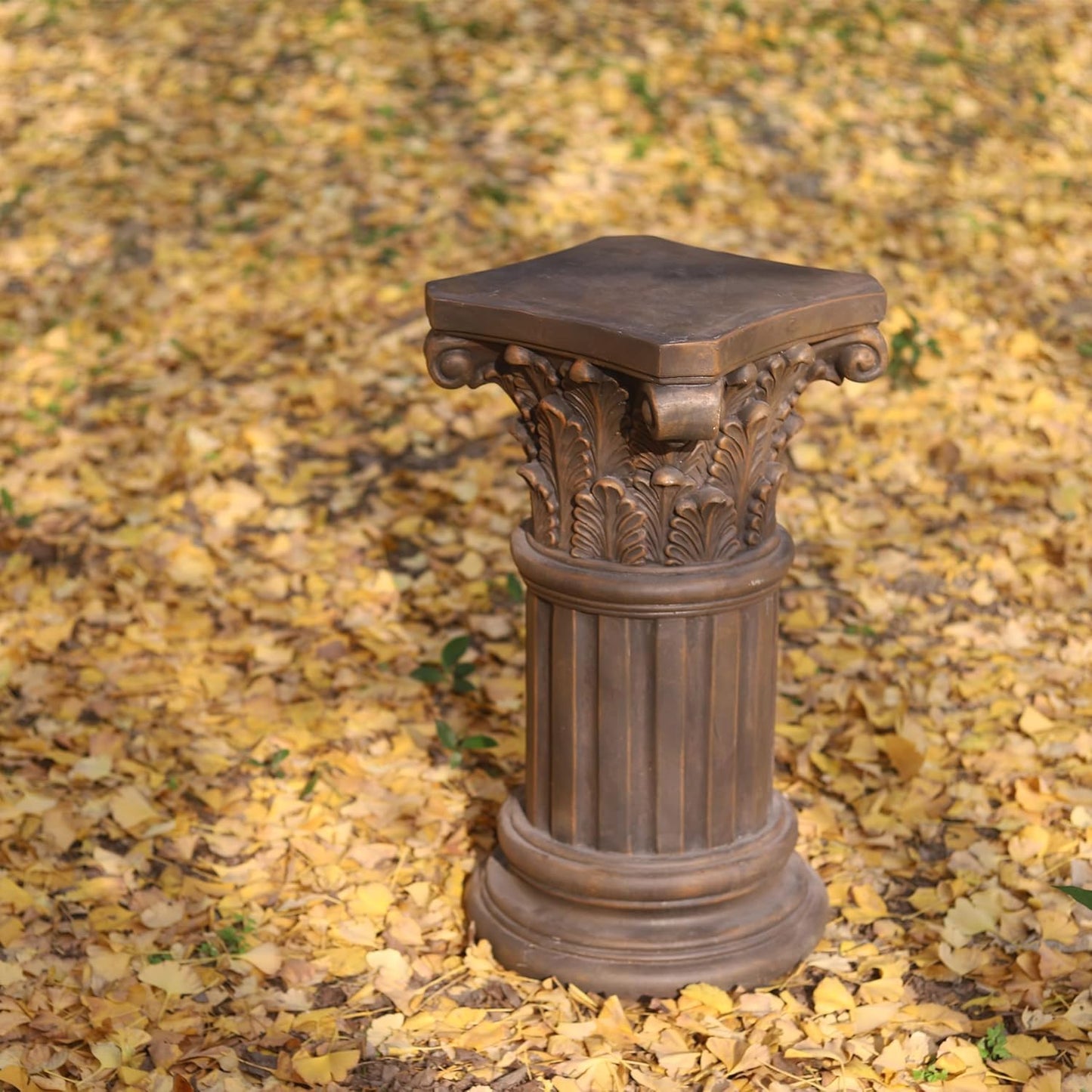 OUTOUR Exquisite Magnesium Oxide Corinthian Greek Column Pillar with Stand Base Pedestal for Indoor Outdoor Garden Pedestals Backyard Courtyard Patio Office Decor23.8’’High,Dark Bronze