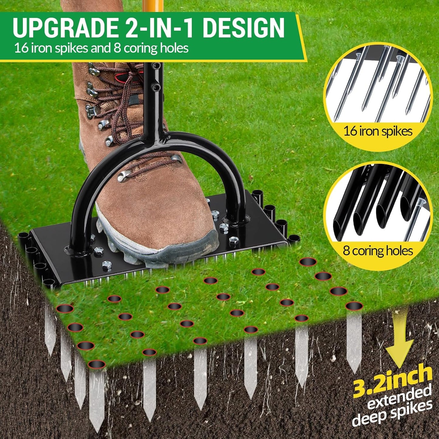 Lawn Aerator, 2-in-1 Manual Metal Core Aerators Lawn Tool with 16 Iron Spikes, 8 Coring, Garden Grass Plug Spikes Aerating Coring Tools for Yard Lawn Soil Care, Revives Lawn Health
