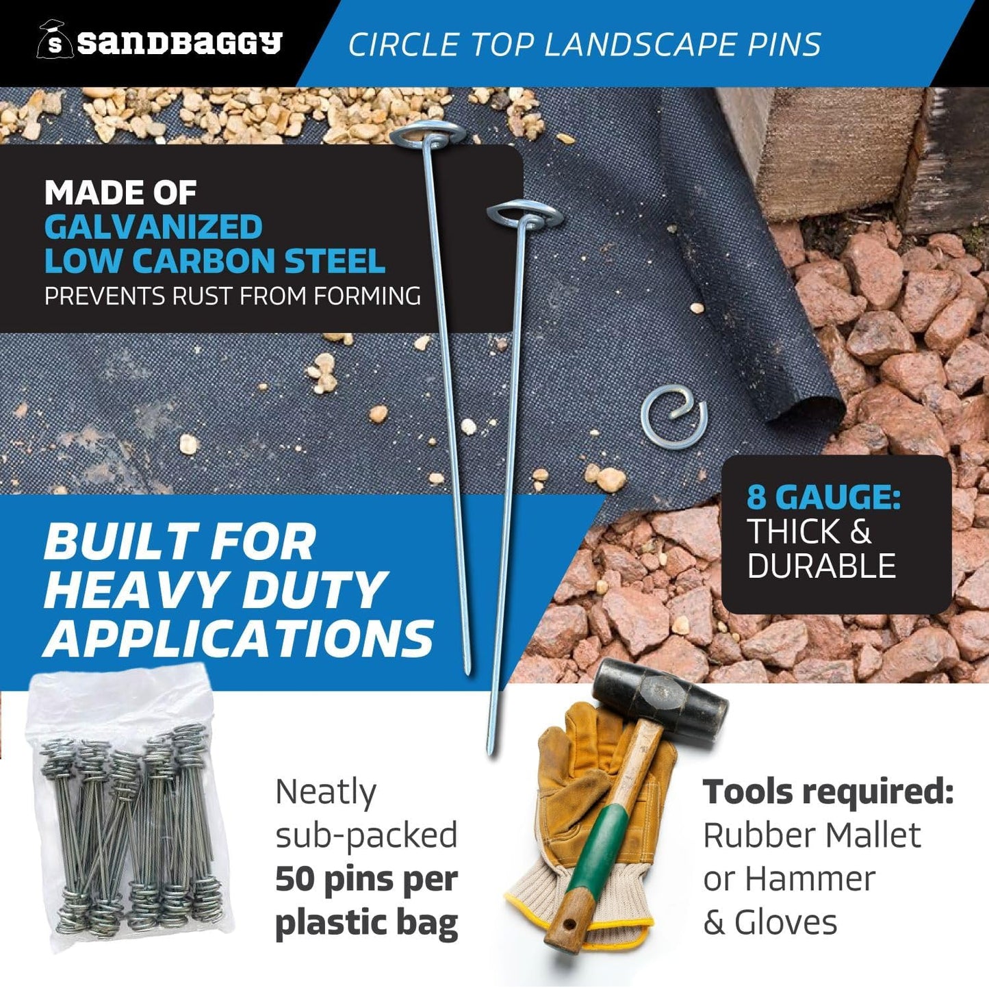 Sandbaggy 12-inch Circle Top Pins - Landscape Staples (Galvanized) - Garden Stakes for Landscaping, SOD - Heavy Duty Ground Stakes, Lawn Turf Spikes, Christmas Decorations, Weed Mats (50 Pins)