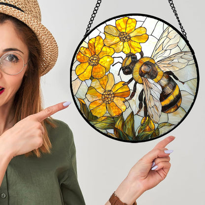 Stained Glass Window Hanging - Yellow Bees Gathering Flowers Sun Catcher for Door Garden Home Decor Cute Suncatcher Christmas Mother's Day Birthday Gifts for Women Men Mom Nana 7.8 in