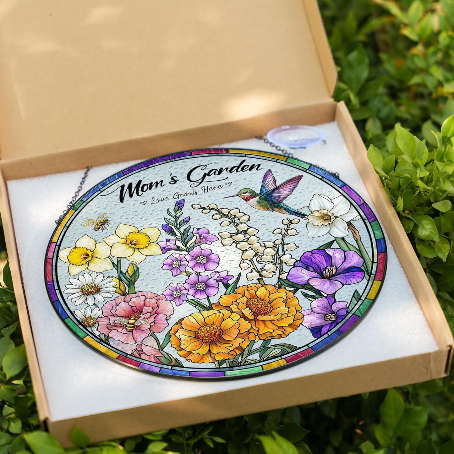 LOVELYPOD Custom Grandma Birth Flowers Stained Glass Sun Catcher, Grandmas Garden Sun Catcher, Personalized Christmas Ornamnet, Grandma Presents, Window Hanging Flowers Glass Art