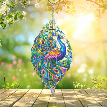 Peacock Wind Spinner 3D Stainless Steel Kinetic Sculpture Metal Art Christmas 10 Inch Colorful Hanging Decoration for Garden, Patio, Yard, and Indoor/Outdoor Spaces