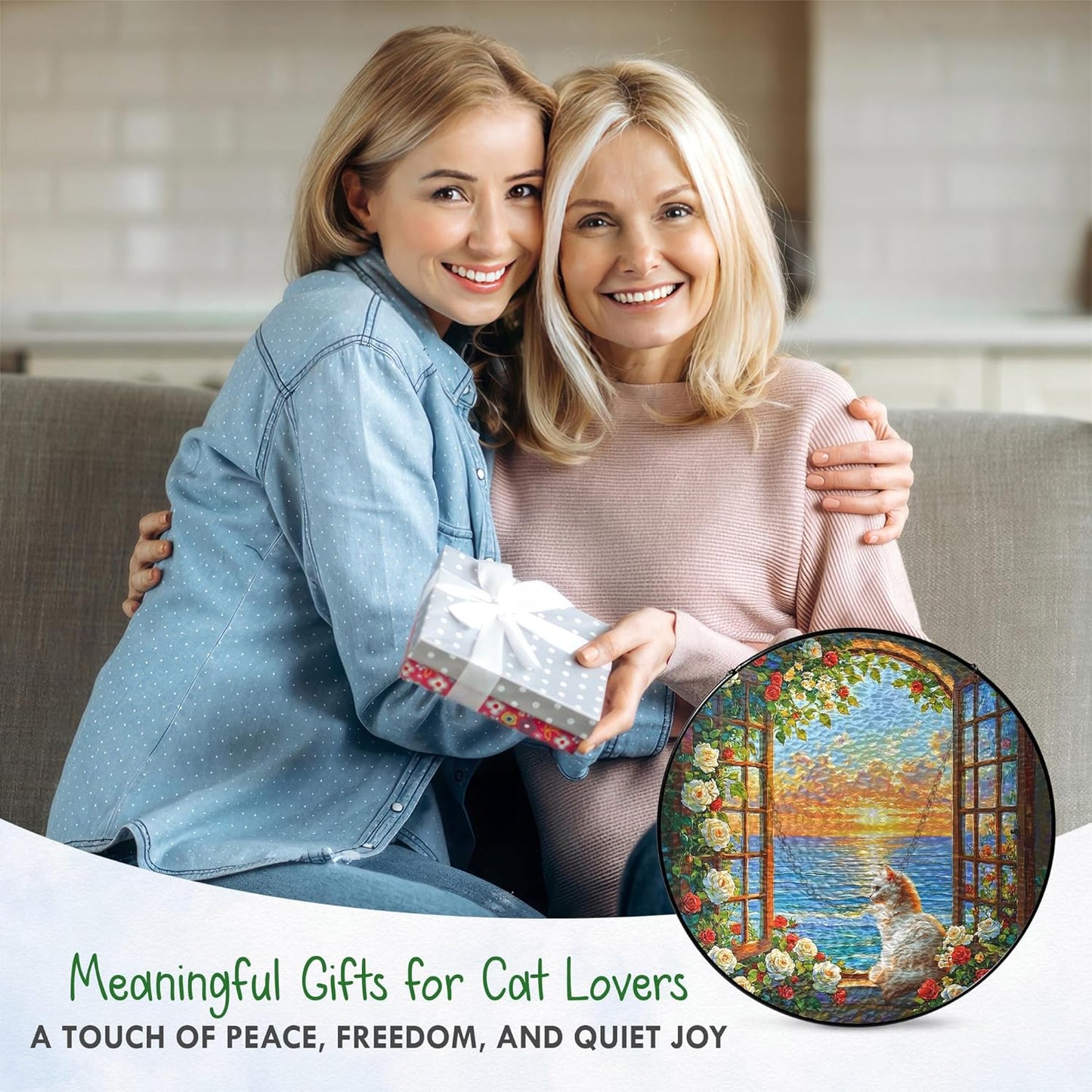 FLAGWIX Christmas Cat Gifts for Women - Stained Glass Window Hanging 8 in - Beach Gifts for Women Mom Grandma, Gift for Cat Lovers, Suncatcher Holiday Christmas Decorations for Home, Coastal Decor