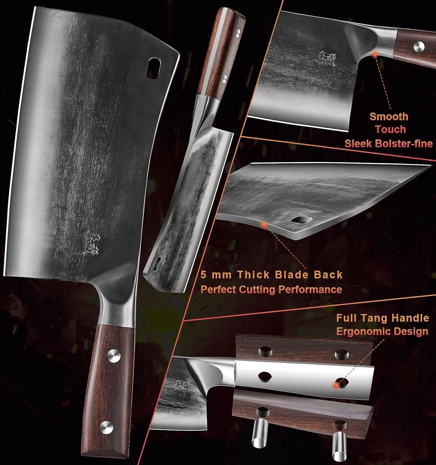 ENOKING Cleaver Knife, 7.5 Inch Hand Forged Meat Cleaver Heavy Duty Bone Chopper German High Carbon Stainless Steel Butcher Knife with Full Tang Handle for Home Kitchen and Restaurant, Ultra Sharp