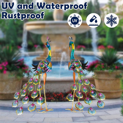 Peacock Garden Statues Metal Peacocks Sculptures for Outdoor Backyard Decor Patio Lawn Porch Yard Decoration (Pack of 2, Blue)