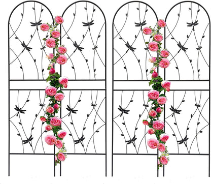4 Pack Metal Garden Trellis 86.7" Tall Outdoor Climbing Plant Support for Roses, Flowers, Rustproof Durable Black Galvanized Tube, Lawn Garden Fence Decor Screen (4, Black dragonflies-86.7" H)