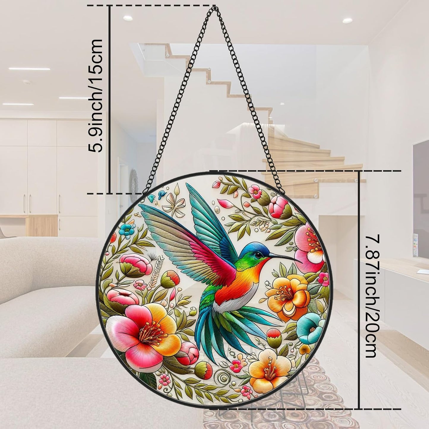 Hummingbird Suncatcher Stained Glass Window Hanging Original Design of 7.8''Hummingbirds Flowers for Sun Catchers Indoor Window Wall Art Home Decor Gift Painted Glass Panel