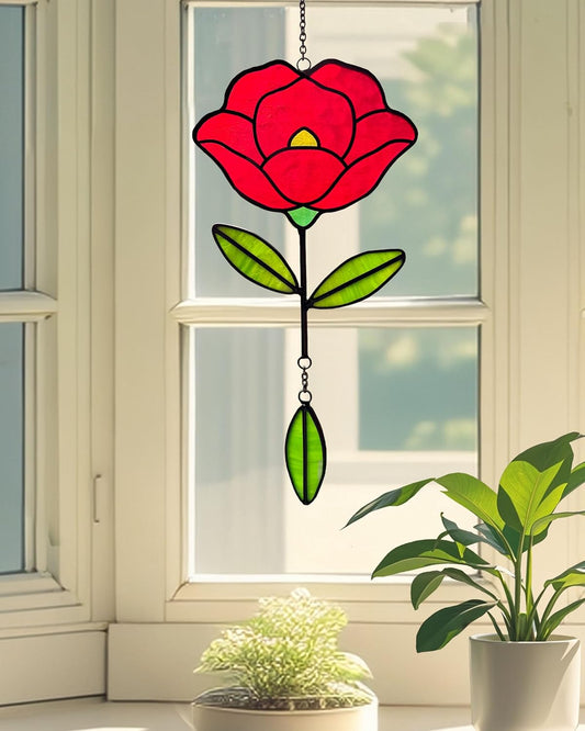 Stained Glass Window Hangings, Handcrafted Garden Suncatchers for Window and Home Decor, Unique Artisan Glass Ornaments for Indoor and Outdoor Use (B-Red)