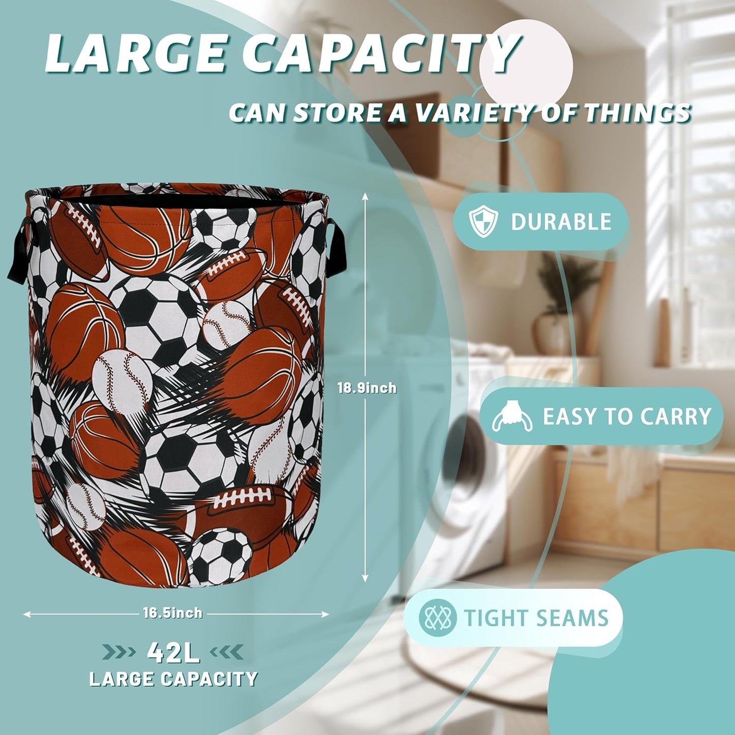Funny Football Basketball Laundry Basket Foldable With Handles Tote Bag Oxford Cloth Colorful Laundry Hamper Clothes Storage Bucket Toy Organizer For Bathroom/Laundry/Bedroom 18.9" x 16.5 "