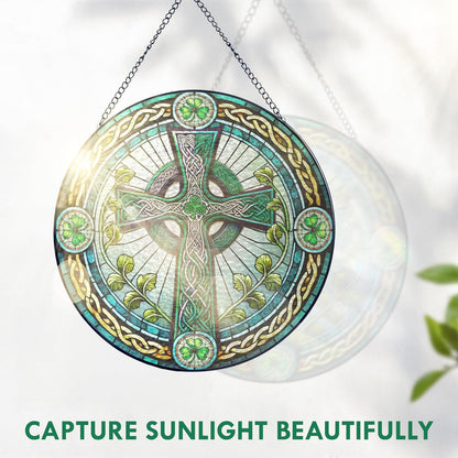 FLAGWIX Christmas Irish Gifts for Women Men - Stained Glass Hanging Suncatcher 10 in - Birthday Christmas Irish Decorations for Family Friends, Celtic Cross Home Decor, St Patricks Day Decorations