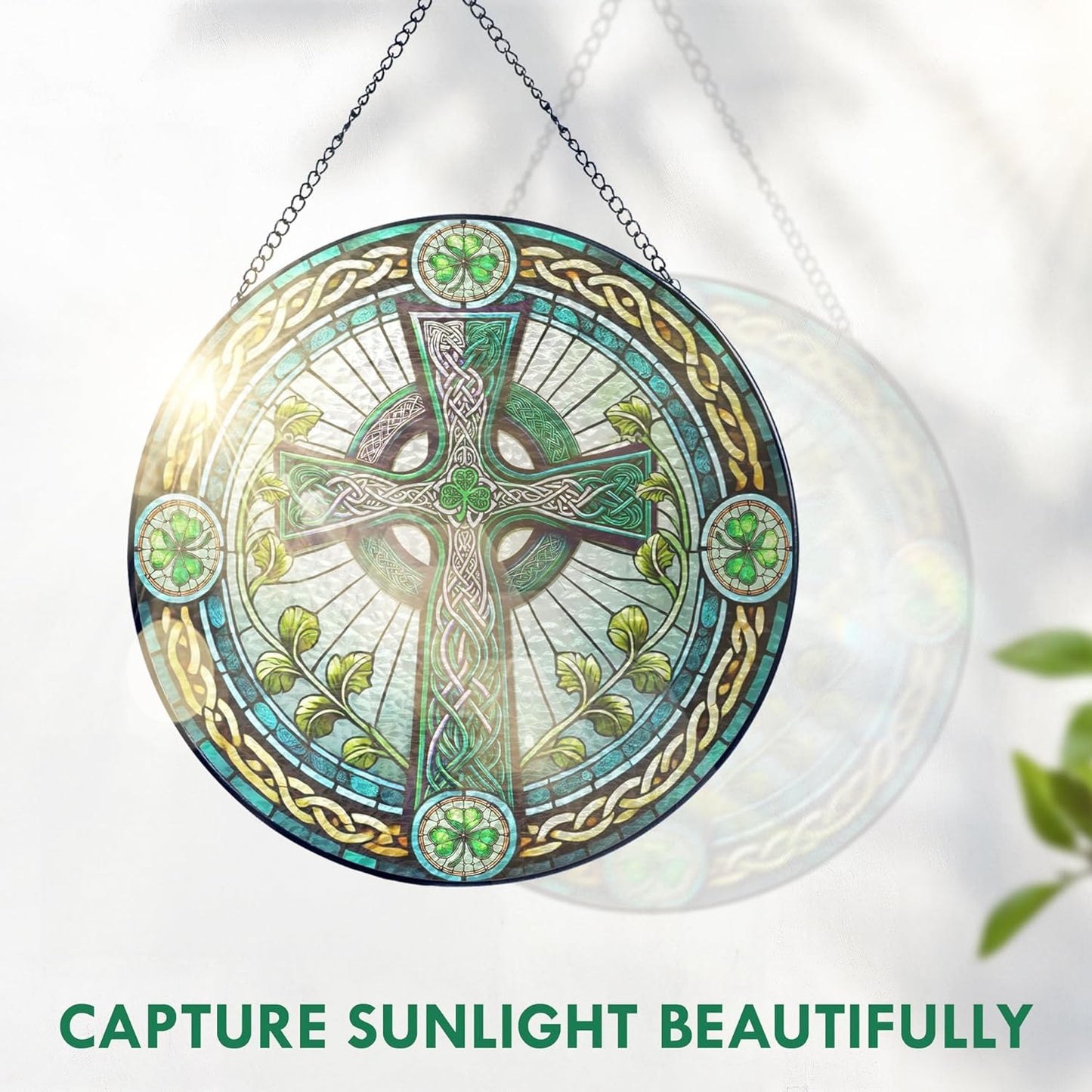 FLAGWIX Christmas Irish Gifts for Women Men - 100% Stained Glass Hanging Suncatcher 8 in - Birthday Christmas Irish Decorations for Family Friends, Celtic Cross Home Decor, St Patricks Day Decorations