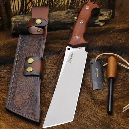 BA-KOR 14-inch full Tang 8mm thick DC53 steel-wood handle brass rivet reinforced one-piece knife + leather sheath - hunting, camping, survival, slicing, bone-cutting knife EDC, BBQ