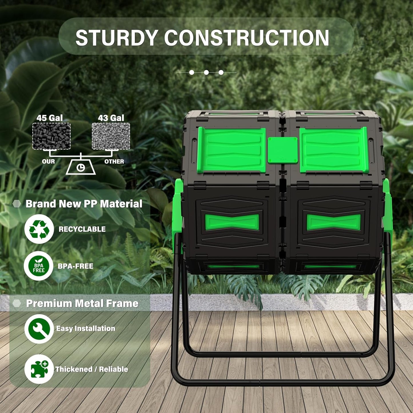 45 Gallon Dual Chamber Compost Tumbler, BPA-Free Rotating Outdoor Composter for Kitchen Waste & Yard, Heavy-Duty Fast Composting Bin for Sustainable Winter Gardening & Spring Prep