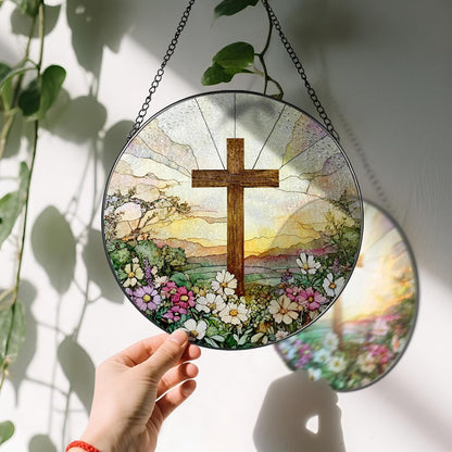 8 Inch Stained Glass Cross & Wildflowers Suncatcher Christian Hanging Ornament Gift for Religious Occasions
