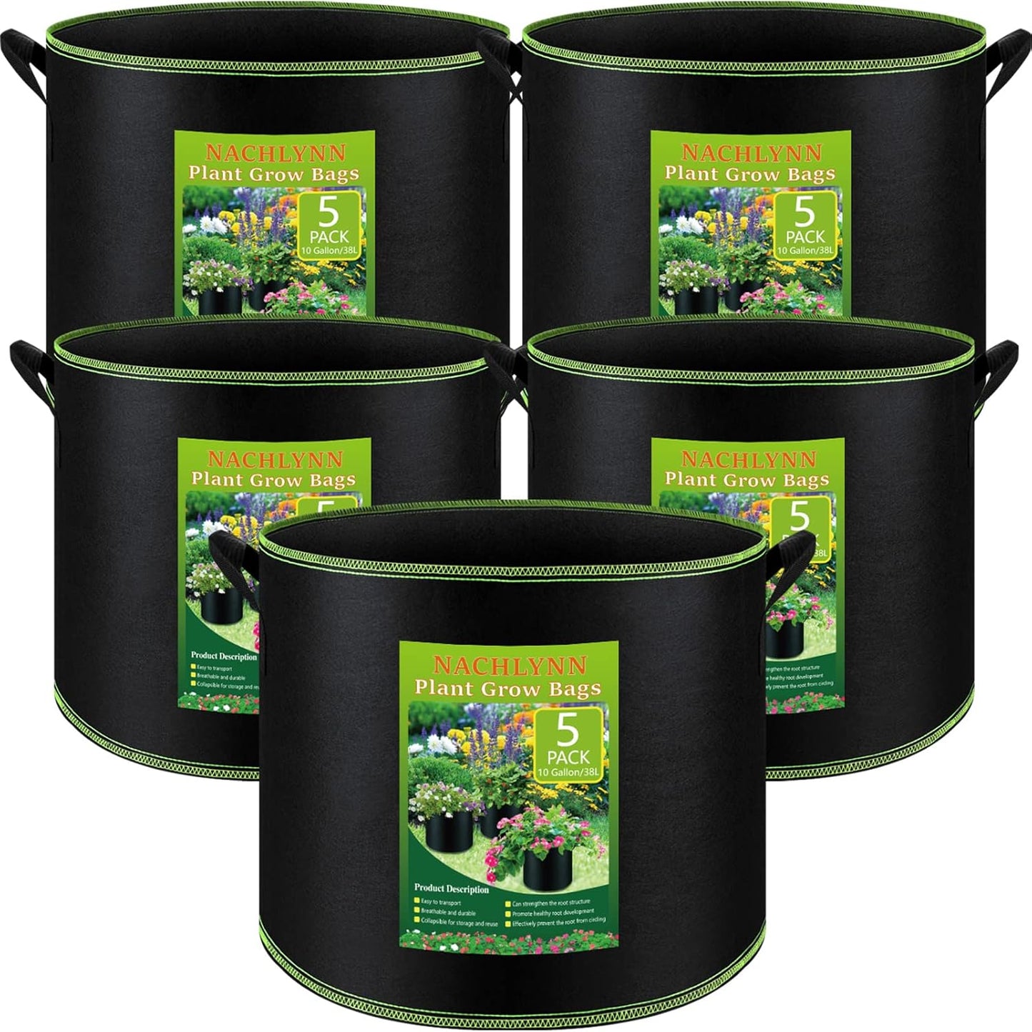 NACHLYNN 5-Pack 10 Gallon Grow Bags with Handles Thickened Nonwoven Fabric Pots Heavy Duty Aeration Fabric Pots Plant or Fruits Flowers Plant