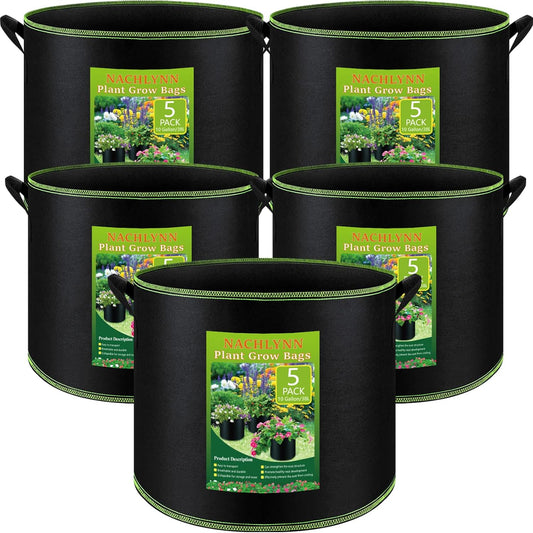 NACHLYNN 5-Pack 10 Gallon Grow Bags with Handles Thickened Nonwoven Fabric Pots Heavy Duty Aeration Fabric Pots Plant or Fruits Flowers Plant