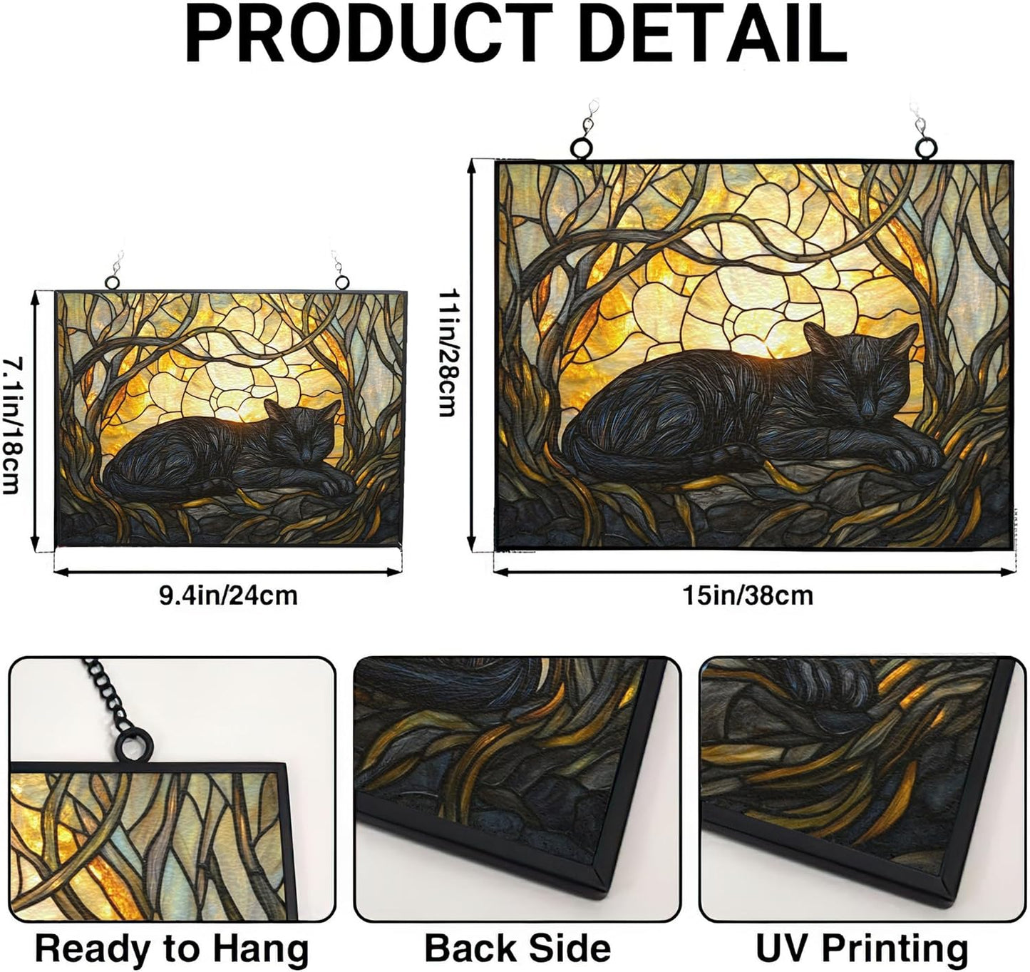 Rectangle Art Nouveau Black Cat Sunbeam Stained Glass Window Hanging Customized Suncatcher Glass Panel with Metal Chain Sun Catchers Wall Art Home Decor Gift for Women Mother's Day