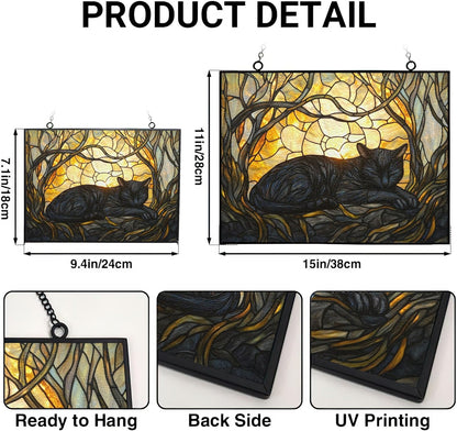 Rectangle Art Nouveau Black Cat Sunbeam Stained Glass Window Hanging Customized Suncatcher Glass Panel with Metal Chain Sun Catchers Wall Art Home Decor Gift for Women Mother's Day