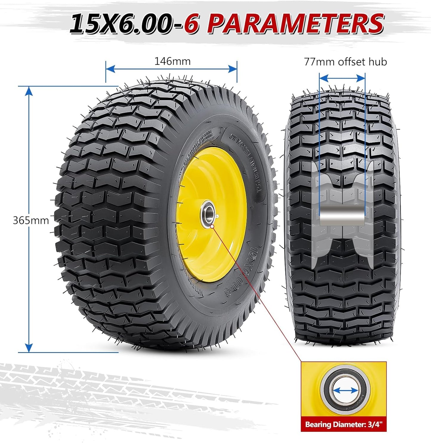 15x6.00-6 Tire and Wheel, 15-Inch Replacement Pneumatic Tires with 3/4" Bearings Compatible with Hand Truck, Wheelbarrow, Wagon, Gorilla Carts Tires (Yellow, 2PCS) P-103