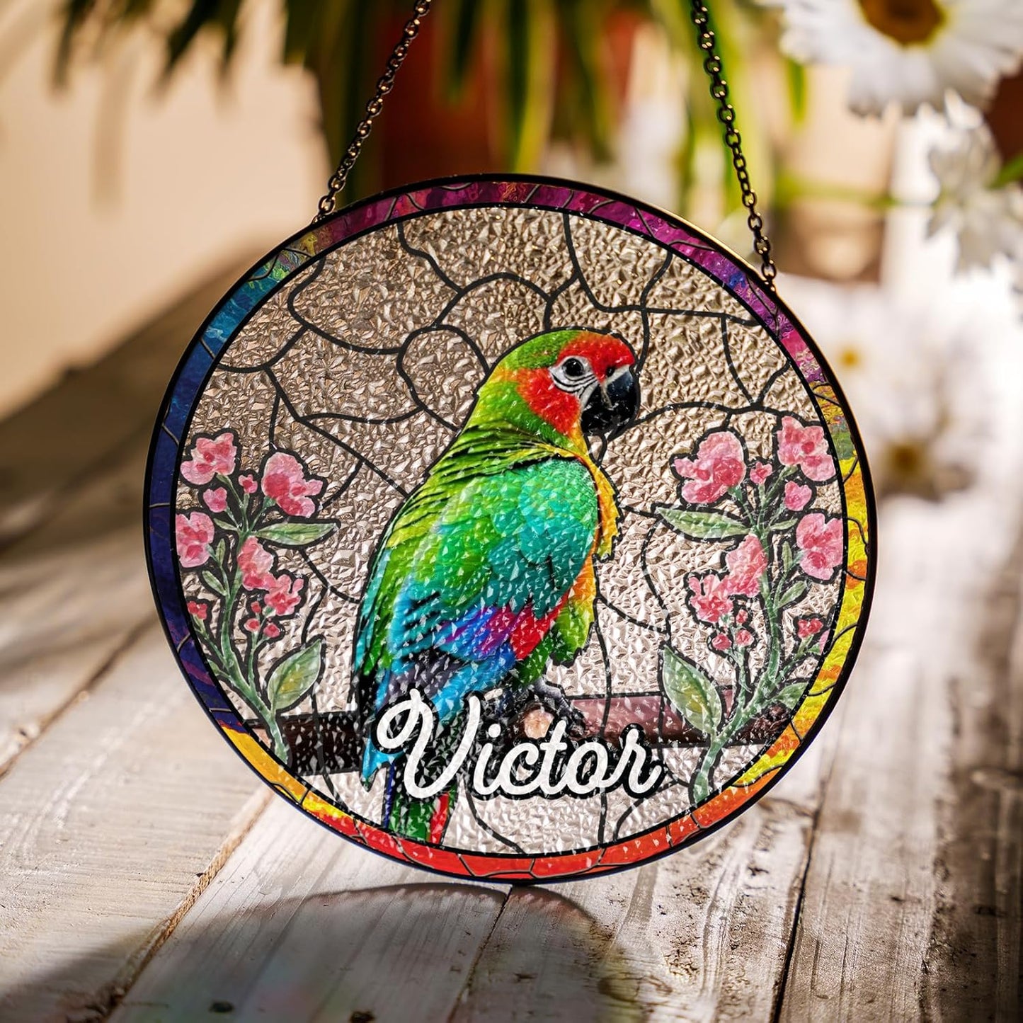 Parrot and Flowers Stained Glass Suncatcher Art Glass Bird and Flower for Sun Catcher Indoor Window Gift for Pet Animal Nature Floral Lover Women Mom Friend Painted Panel Décor