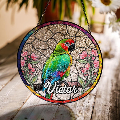 Parrot and Flowers Stained Glass Suncatcher Art Glass Bird and Flower for Sun Catcher Indoor Window Gift for Pet Animal Nature Floral Lover Women Mom Friend Painted Panel Décor