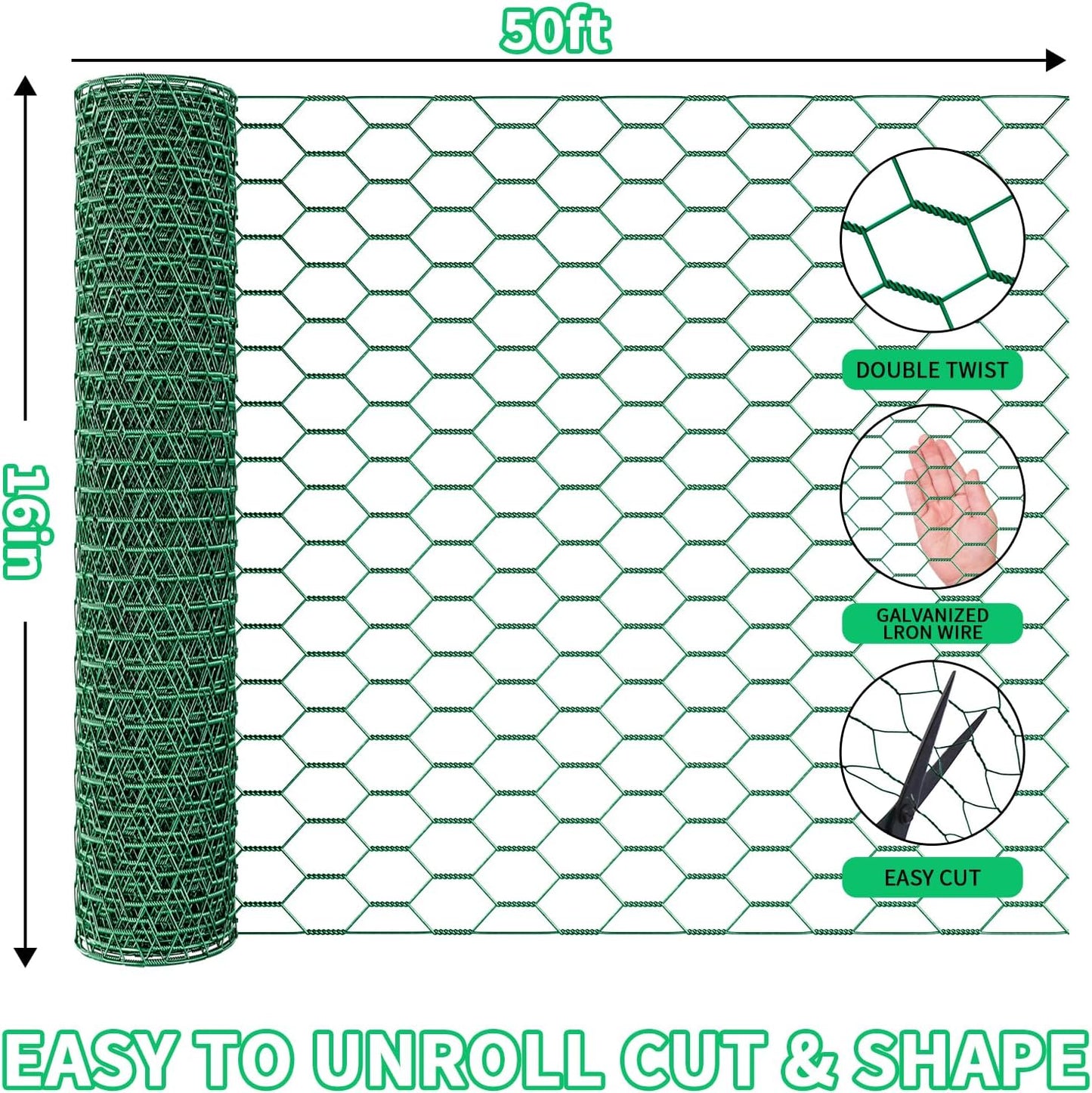 16in x 10ft Chicken Wire for Floral Arrangements, Green Chicken Wire, Hexagonal Galvanized Wire Mesh for Poultry Barrier, Flower Arrangement, Crafts and Garden