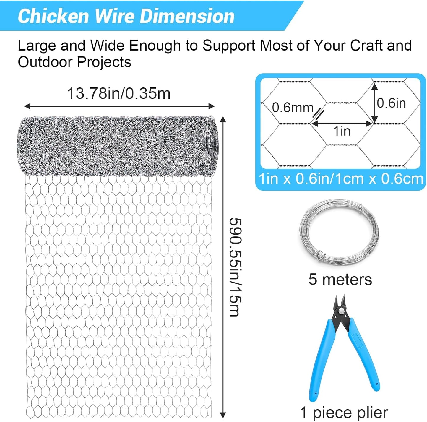 Chicken Wire Mesh 13.7 in x 50 ft in Silver Floral Chicken Wire Poultry Netting Hexagonal Galvanized PVC Coated Wire Mesh for Floral Arrangements Craft with 30 Zip Ties, Glove and Wire Cutting Pliers
