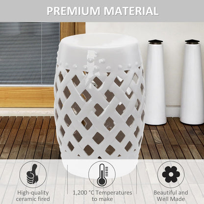 Outsunny 13" x 18" Ceramic Garden Stool with Woven Lattice Design & Glazed Strong Materials Decorative Outdoor Stool, White