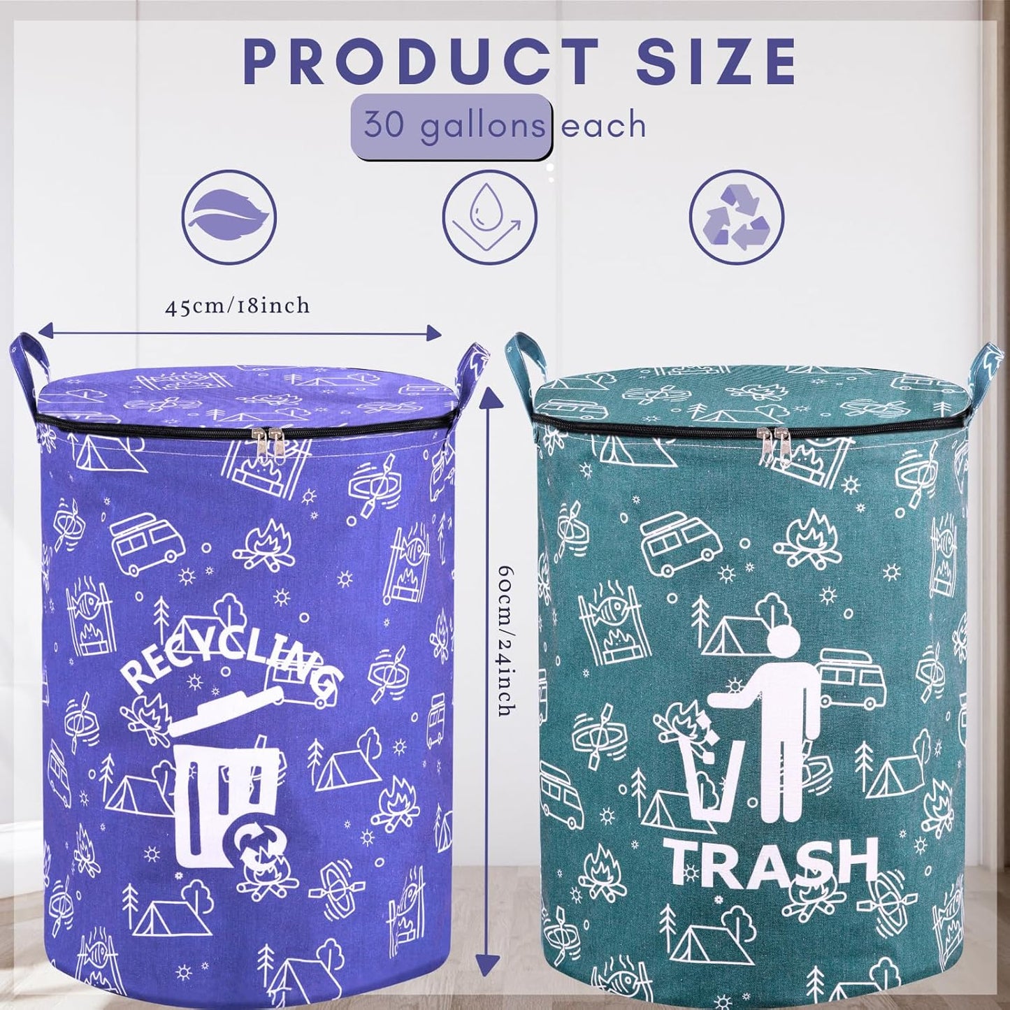 2 Pcs 30 Gallon Collapsible Trash Can Portable Waterproof Reusable with Zippered Lid for RV's, Camping, Recycling, Yard Waste, Leaf Bag, Children Toy Bin (Trash and Recycling)