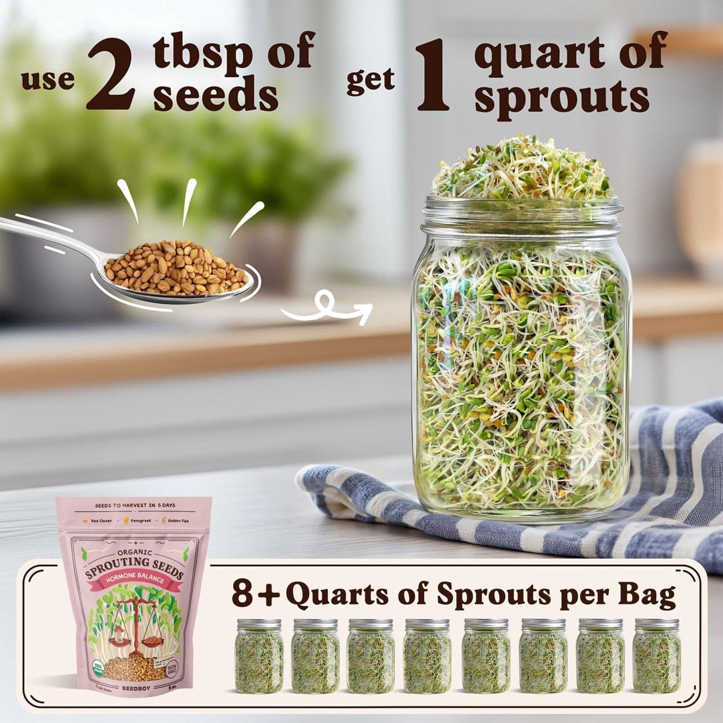Seedboy Organic Non-GMO Sprouting Seeds, Hormone Balance Blend - USA Grown Microgreens Mix with Golden Flax, Red Clover, Fenugreek - 8 oz Bag Makes 8 Quarts / 24 Servings (Hormone Balance Blend)