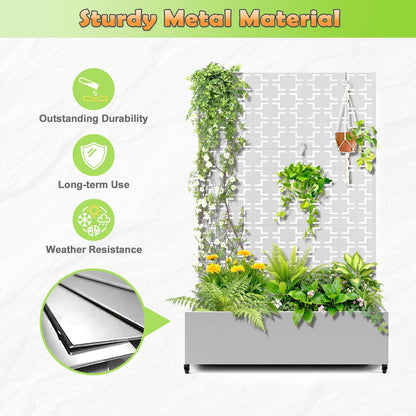 Metal Raised Garden Bed with Trellis, 2-in-1 Planter Box & Privacy Screen for Climbing Plants, Outdoor Standing Flower Bed with Drainage Holes, 47.2" L x 16.7" W x 70.8" H, White-Square