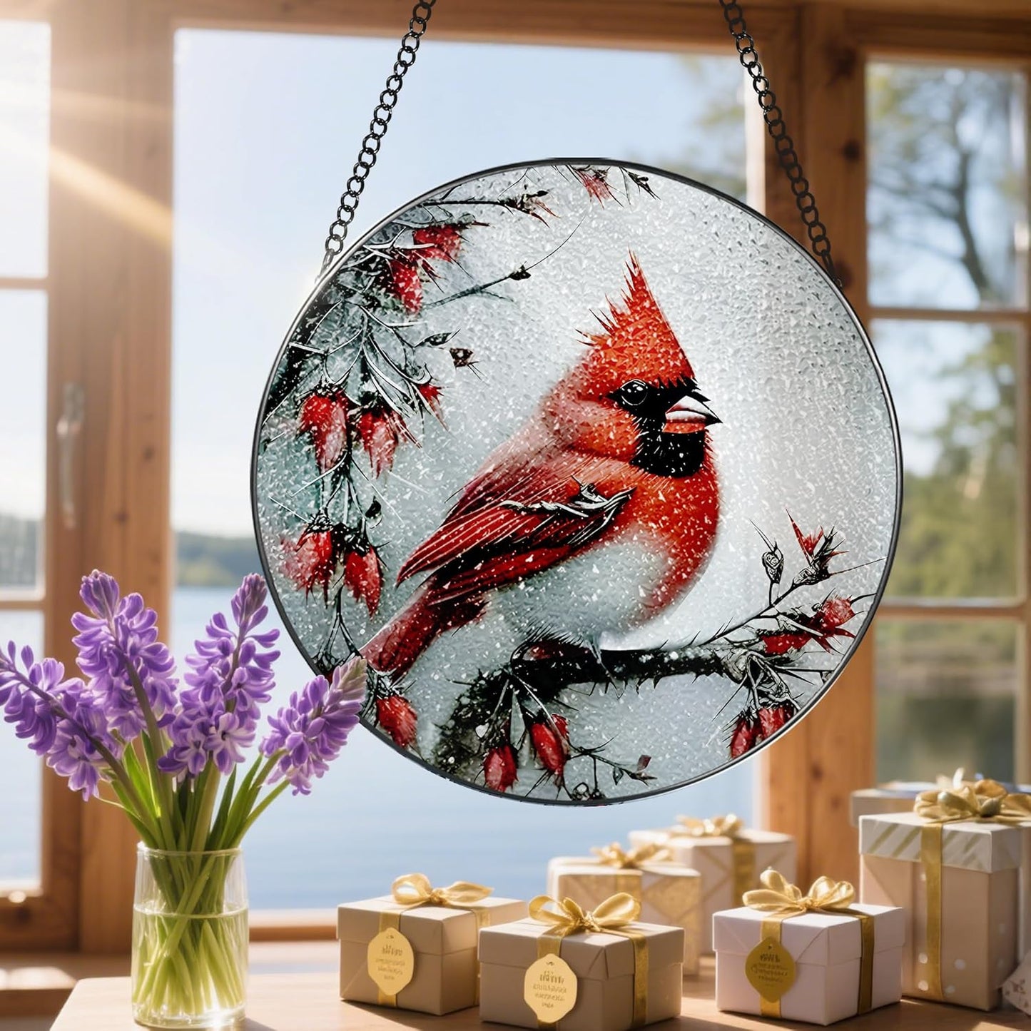 Stained Glass Window Hanging, DOUHASU 8 Inch Cardinal Stained Glass Suncatcher Ornement, Window Decor, Sympathy Gift, Cardinal Gifts for Women