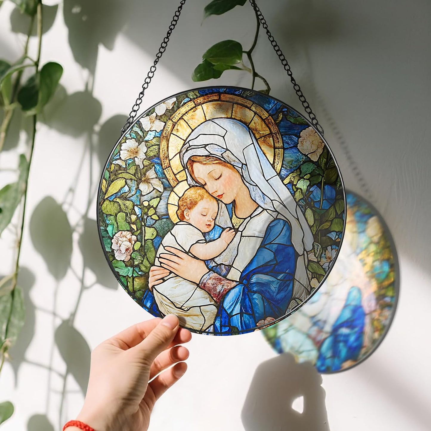 8 Inch Virgin Mary Stained Glass Suncatcher, Suncatchers for Windows Hanging, Baby Jesus Window Decoration, Religious Suncatcher, Catholic Window Hanging, Gift for Religious, Christian Gifts