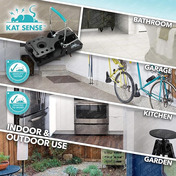 Kat Sense Large Rat Snap Traps Set of 6 - Stainless Steel Bar Design, Humane Rat Trap Indoor & Outdoor Use, Mouse Catcher for Repeat Use, High Precision Triggering, Traps for Rats, Mice, Chipmunks