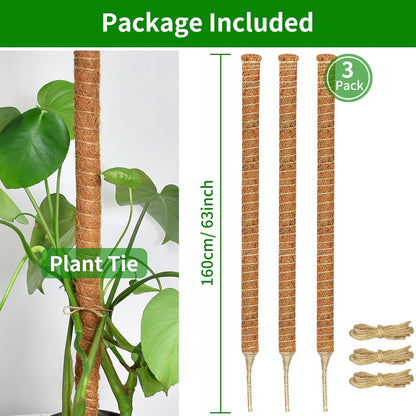 3 Pack Moss Pole, 63-Inch Moss Poles for Plants Monstera,Bendable Plant Support Stakes for Climbing Plants Indoor, Garden Trellis Plant Stick for Potted Plants, Pothos Philodendron